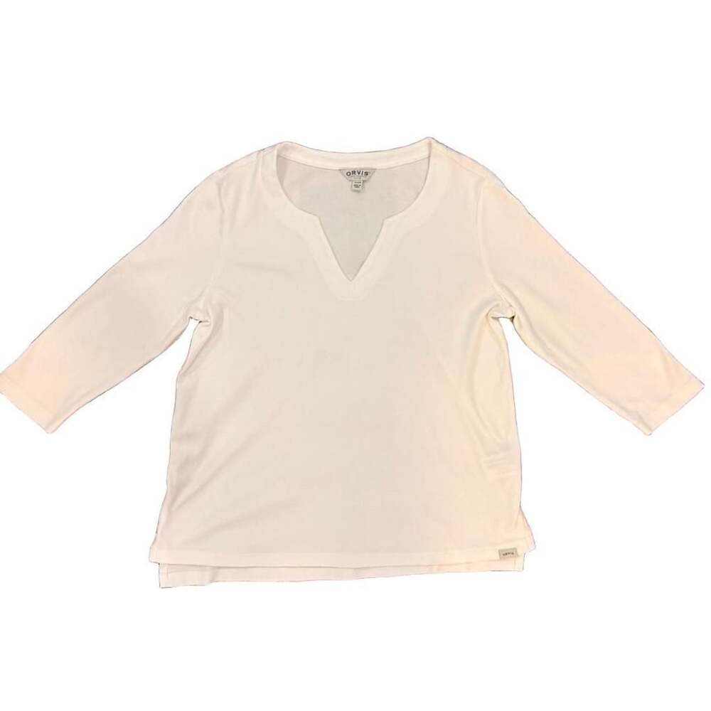 Orvis Classic Pima Cotton Split Neck 3/4 Sleeve Top White Layering Preppy L
